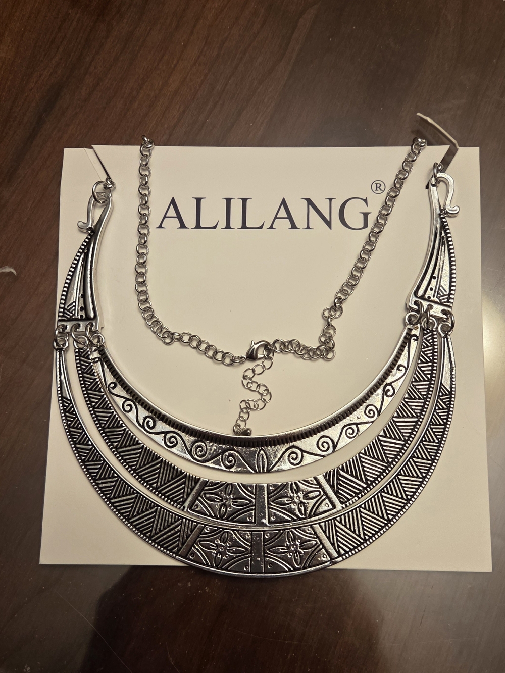 Silver-Tone Statement Bib Necklace - Tribal Engraved Design